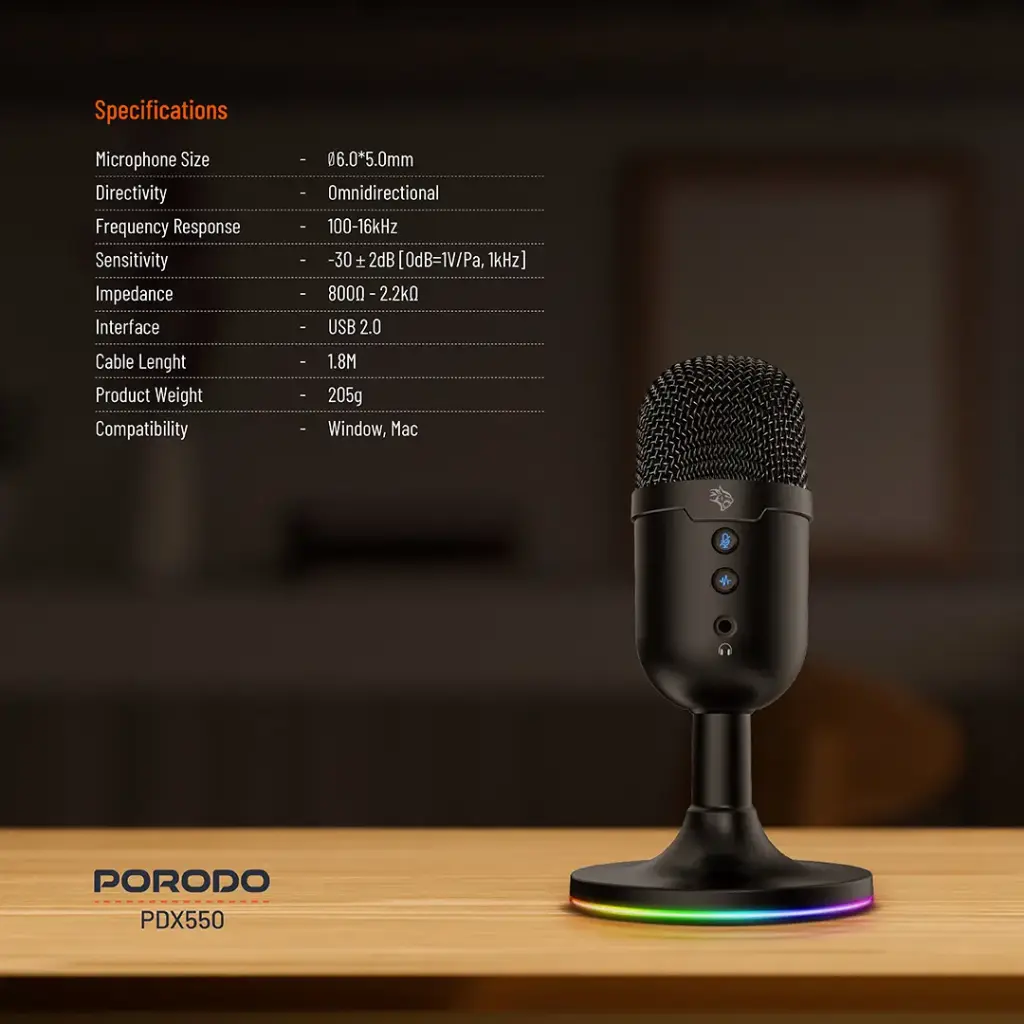 Porodo Gaming Omni-Directional USB Microphone For Stream, Conference & Podcast, RGB PDX550 - Black